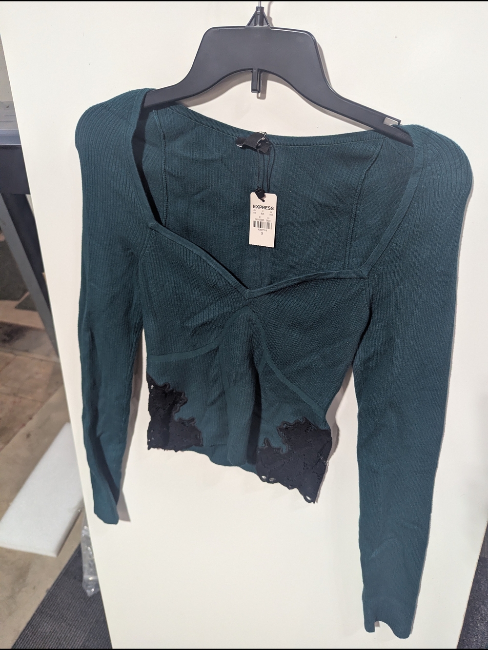 Express Women's Teal Long-Sleeve Square Neck Ribbed Top with Lace Trim